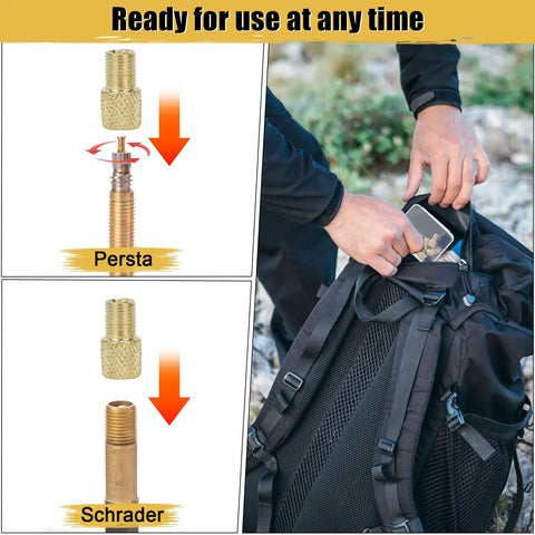 Image showing how to use 4 Pack Brass Presta To Schrader Valve Adapters For Bikes, E-Bikes, And E-Scooters with illustration and backpack.