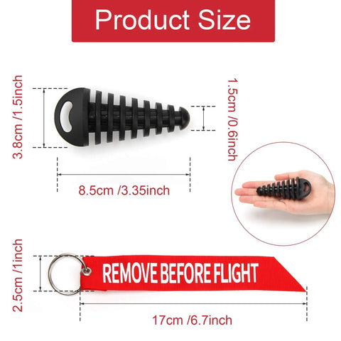 Exhaust Wash Plug For Motorcycles And Dirt Bikes 0.6 To 1.5 Inch Thick Rubber with size dimensions and remove before flight tag