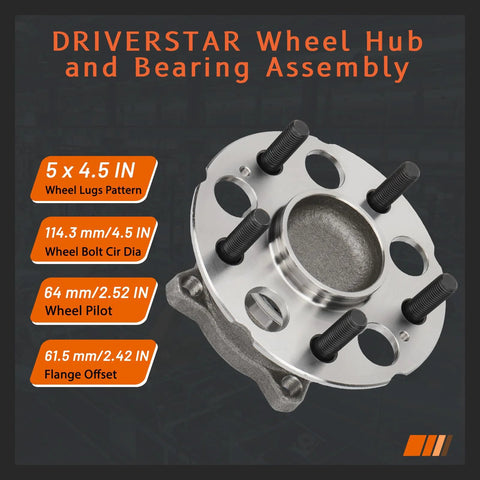 Pair Rear Wheel Hub And Bearing Assembly For Honda CRV Ex Ex LX Fwd Crosstour 2010 2015 And Accord Crosstour 2010 2011 Fwd With Japanese Kyodo Yushi AFI Grease For Your Ride, showcasing 5 x 4.5 IN wheel lugs, 114.3 mm bolt circle, 64 mm wheel pilot.