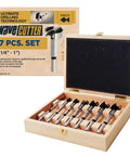 Wave Cutter Forstner Drill Bit Set 7 Piece Pro Grade Woodworking Kit With Smooth Wave Cutting For Splinter Free Finishes, Forged Premium Steel Bits Made In Austria From Quarter Inch To One Inch in wooden box