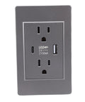 Usb And Type C Wall Outlet 15A Dual Charging Station With Flame Retardant Polycarbonate Panel And Reinforced Steel Core Sleek Modern Design Built Tough For Bedroom Living Room Safe Us Plug Lowkey Amazing, gray wall outlet with USB and Type C ports.