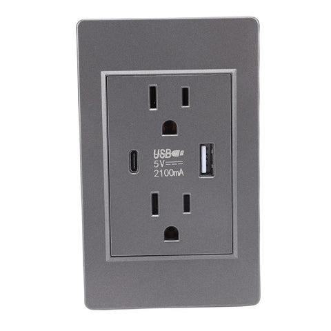 Heavy Duty Wall Outlet With Fast USB And Type C Ports, 15 Amp Flame Retardant Electrical Receptacle, close-up view of dual charging ports.