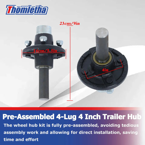 4 On 4 Trailer Axle Kit With Idler Hub And BT8 Round Spindle 2,000 Lb Capacity, showing pre-assembled 4-lug hub dimensions.