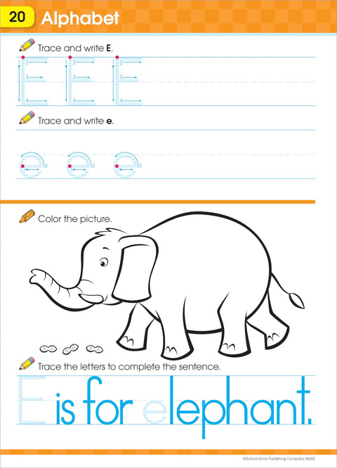 Get Ready for Kindergarten Workbook page showing tracing letters E and e, an elephant to color, and a sentence to complete.