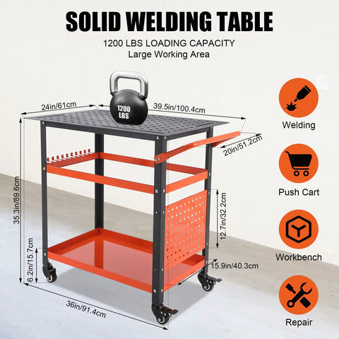 36 By 24 Inch Steel Welding Table With 1200 Pounds Capacity shown in a shop setting with dimensions and features highlighted