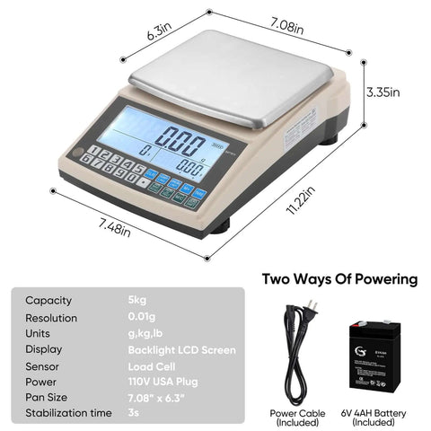 Pro Grade 0.01g Lab Scale With 5000g Capacity, Gram Counting Balance, RS232 Port, Calibration Weight, Battery Included