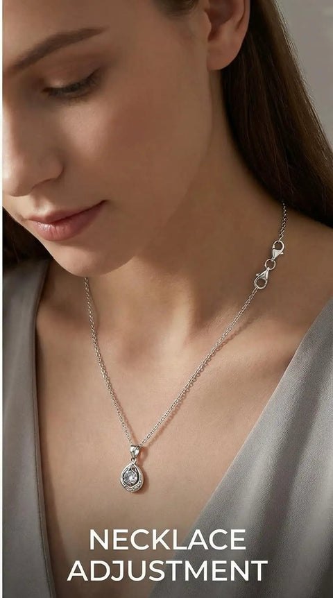 Woman wearing silver necklace with pendant, showing adjustable length using lobster claw clasps, focus on 24 Pack Gold Double Lobster Claw Clasps for Jewelry Making, Necklace Extenders and Closures, 12mm Grab and Go Connectors for Bracelets, Necklaces, Anklets, and DIY Jewelry Projects, Durable Zinc Alloy.