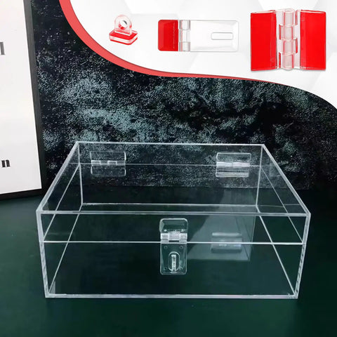 Slick Transparent Acrylic Hinges And Self Adhesive Latch Buckles Kit for aquariums, 40mm by 14mm, in a clear storage box.