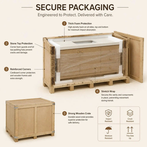 Modern 66 Inch Freestanding Bathroom Vanity Single Sink With Dedicated Makeup Station Heavy Duty Solid Wood Construction in secure packaging