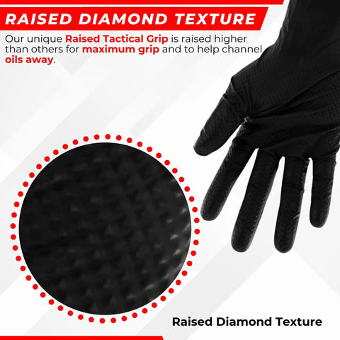 Close-up of Heavy Duty Black Nitrile Gloves, 8 Mil Industrial Strength, showing raised diamond texture for grip.