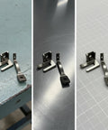 Two Piece Sewing Presser Feet Set For Domestic Sewing Machines Metal Foot Attachments Compact block and forked front pair on workbench