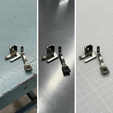 Two Piece Sewing Presser Feet Set For Domestic Sewing Machines Metal Foot Attachments Compact block and forked front pair on workbench