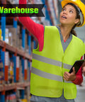 Warehouse worker wearing high-visibility reflective vest from 50 Pack High Visibility Reflective Safety Vests Bulk For Men Women Work Cycling Running Neon Mesh Security Gear For Outdoor Jobs Great For Construction Sites, Warehouse, Landscaping, Night Work, Running Or Cycling In Low Light.
