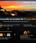 Goldemate battery product guarantee details with sunset background; 10-year lifetime and customer service info displayed.