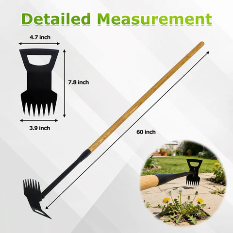 60 Inch Wooden Handle 2 In 1 Weed Uprooting Tool With 7 Tooth Garden Hoe for Easy Weeding and Weed Removal