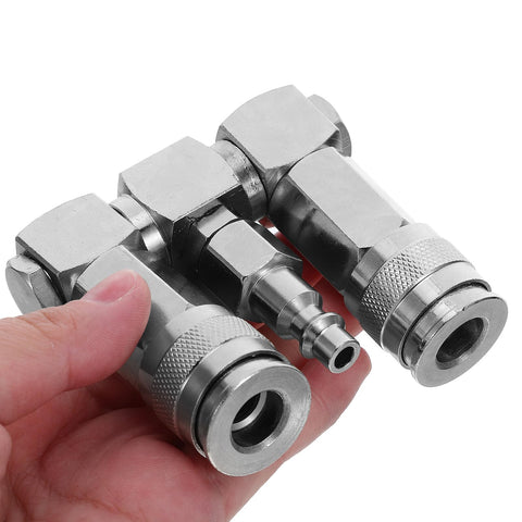 Close-up of 360 Degree Swivel 2 Way Air Hose Splitter with Nickel Plated Steel Pneumatic Fitting in hand