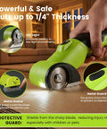 Heavy Duty Cordless Electric Box Cutter With Badass Cutting Power And No Sweat Operation For Fast Shipping Breakdowns showing LED light and metal guard.