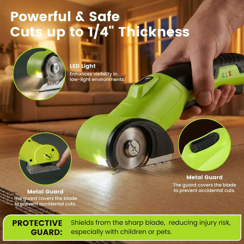 Heavy Duty Cordless Electric Box Cutter With Badass Cutting Power And No Sweat Operation For Fast Shipping Breakdowns showing LED light and metal guard.