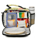 Inside view of the Desert Bloom Insulated Lunch Bag With Handles And Shoulder Strap For Camping And Travel, filled with snacks and drinks.