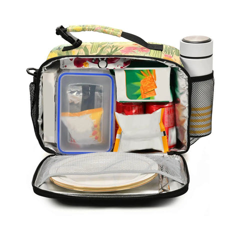 Inside view of the Desert Bloom Insulated Lunch Bag With Handles And Shoulder Strap For Camping And Travel, filled with snacks and drinks.