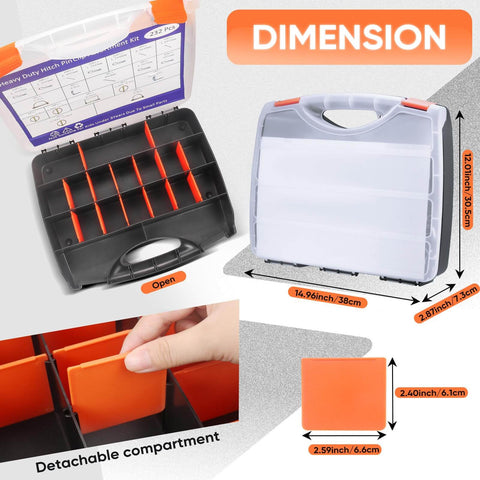 Rugged Hitch Pin And Trailer Pin Assortment Kit case dimensions with labeled compartments and detachable dividers for trailers.