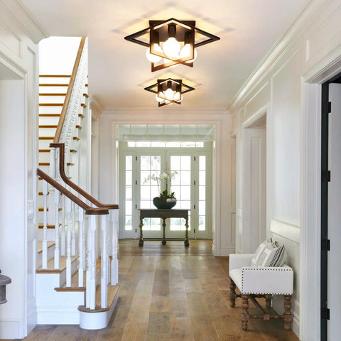 Hallway with 4 Light Industrial Ceiling Light In Matte Black With Open Frame Cage Design Semi Flush Mount Fixture
