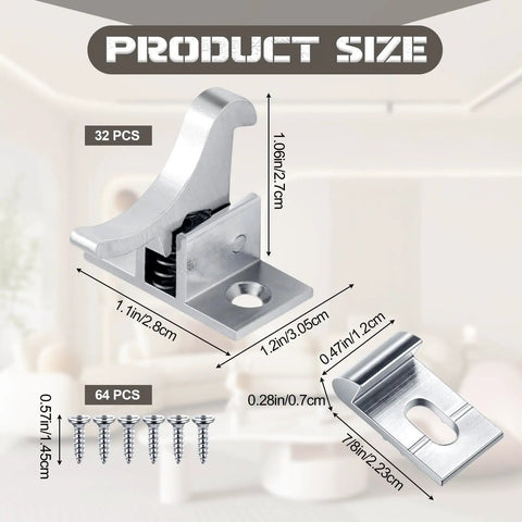 32 Pack Brass Heavy Duty Cabinet Door Latches with Mounting Screws for Closets, Bedroom, Bathroom, and Windows, Elbow Latch Hardware, Durable and Easy to Install silver cabinet latch set with 64 screws, size chart shown