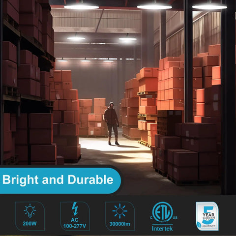 Warehouse illuminated by 200W LED High Bay Light for Shops and Barns, 5000K Daylight, 30,000 Lumens, ETL Listed, 5 Pack
