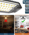 Ultra Bright 100W LED Garage Lights Pack Of 2 10000 Lumens 6500K Daylight 6 Flexible Panels E26 E27 Before and After Comparison