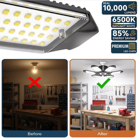 Ultra Bright 100W LED Garage Lights Pack Of 2 10000 Lumens 6500K Daylight 6 Flexible Panels E26 E27 Before and After Comparison