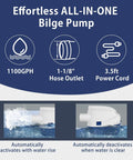 12V 1100GPH Automatic Bilge Pump for Boats with Float Switch and Long Power Cord Submersible Marine Water Pump