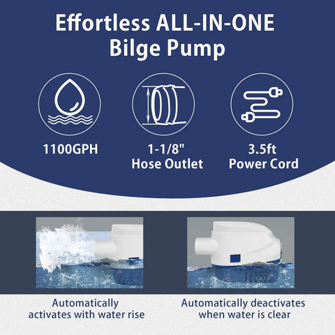 12V 1100GPH Automatic Bilge Pump for Boats with Float Switch and Long Power Cord Submersible Marine Water Pump