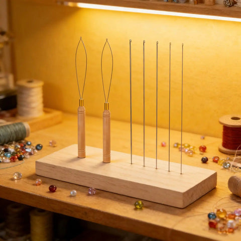 Beads Threading Tool For Jewelry Making And Beading Projects, Easy Sphere Threader To Help You Slide Beads Onto Strings, No Fuss For Bracelets, Necklaces, Earrings, And DIY Crafts on wooden base