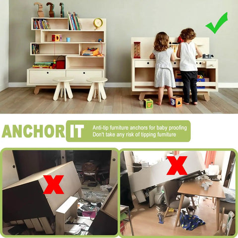 Six Pack Anti Tip Wall Anchors For Furniture Heavy Duty Metal Dresser Cabinet Bookshelf Brackets Baby Proofing Straps used in a living room with children playing safely.