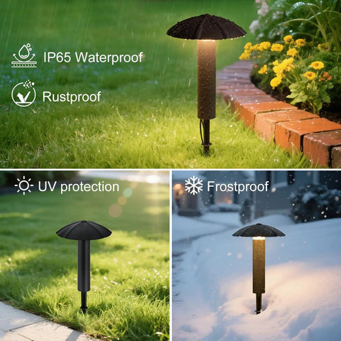 8 Pack Low Voltage Landscape Lighting Kit with EZ All In One Setup, outdoor waterproof metal pathway lights in garden and snowy setting