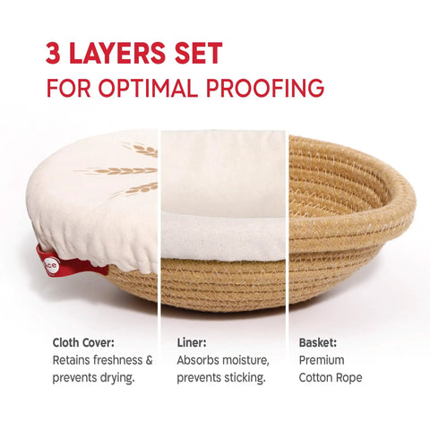 Round cotton rope banneton bread proofing basket set with liners and covers, breathable and splinter-free for artisan baking.