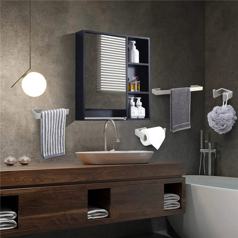 Modern bathroom with 4 Piece Stainless Steel Bathroom Hardware Set With Square Towel Bar Hand Towel Rack Toilet Paper Holder And Robe Hook