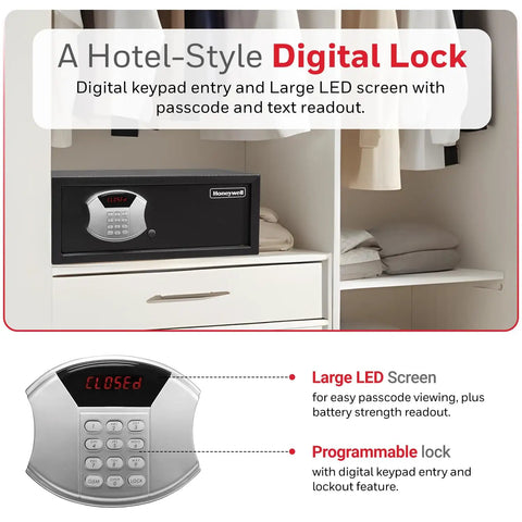 Go-To Hotel Style Safe With Digital Lock 1.14 Cu Ft Low Profile Steel Safe Fits 17 Inch Laptop LED Display Panel in closet