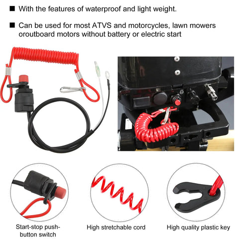 Boat Kill Switch Lanyard With Emergency Stop Cord For Outboard Engines Replacement Watercraft Safety Lanyard Quick Release Ignition Stop Switch For Immediate Engine Shutdown On Deck, shown with waterproof push-button switch and red coil cord.