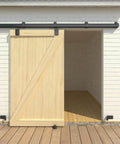 8Ft Black Exterior Barn Door Hardware Kit With Heavy Duty Sliding Rail Track Wall Mount System Installed on White Shed with Open Door