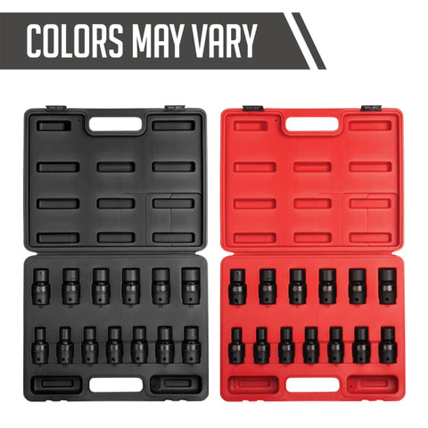 1/2 Inch Drive Universal Impact Socket Set, 13-Piece Metric, 12mm to 24mm, Cr-Mo Alloy Steel, in black and red cases
