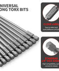 Heavy Duty Extra Long Torx Bit Set That Cranks Down Tight Junk Like A Champ S2 Steel Security Driver Bits Magnetic Hex Shank T6 To T40 For Easy Fix Ups, showing labeled long bits.