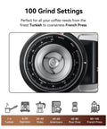 100 grind settings dial on Premium 64Mm Titanium Flat Burr Coffee Grinder With 100 Precision Settings Solid Stainless Steel Body.