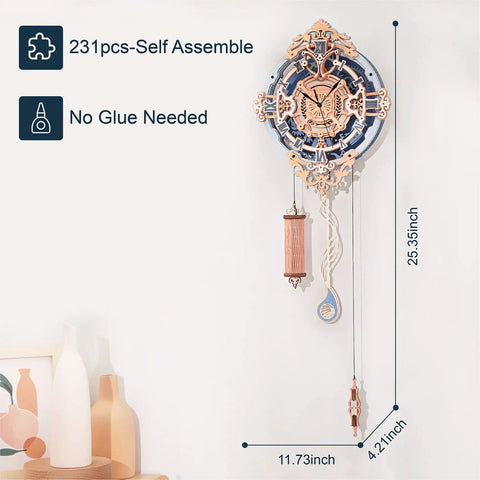 Dope Retro Wooden Pendulum Clock Kit for Adults 12 Inch DIY 3D Puzzle Mechanical Building Model for Wall Silent Quartz Movement Victorian Style Home Decor Gift Idea, 231-piece wall clock