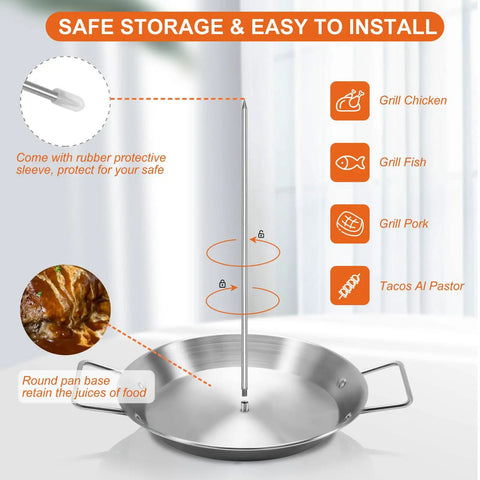 Stainless Steel Vertical Skewer Set For Grill With 3 Removable Spikes 8 10 12 Inches And Cleaning Brushes Brazilian Style Vertical Spit Stand with rubber sleeve and pan
