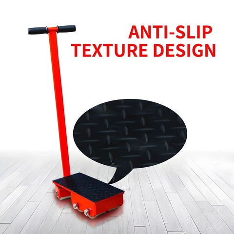 Straight Up Heavy Duty Machine Skates With 180 Degree Rotating Steel Alloy Wheels 50 Ton Capacity Industrial Mover showing red anti-slip design surface.