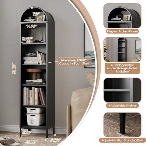 73 Inch Tall Arched Metal Bookshelf With 5 Shelves Heavy Duty Steel Construction in living room setup