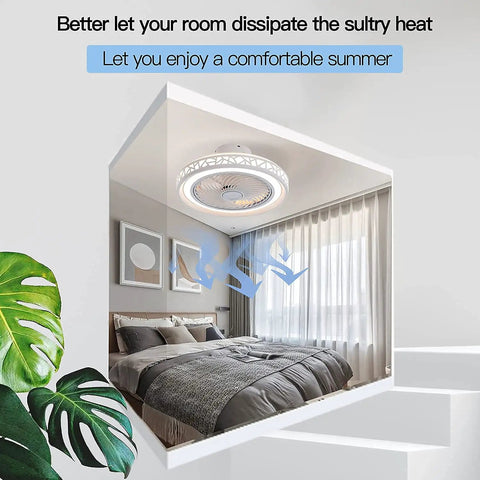 Modern bedroom with Enclosed Ceiling Fan With Lights Remote Control 20 Inch 72W Three Color Dimming Brightness modern fixture.