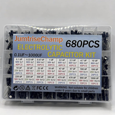 Must Have 680 Piece Electrolytic Capacitor Kit With 24 Sizes Ranging From 0.1uF To 1000uF In 16V 25V And 50V Aluminum Radial Lead Capacitors
