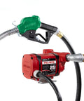 Heavy Duty Foot Mounted Fuel Transfer Pump With Attached Discharge Hose And Auto Nozzle for high flow output in fleet operations.